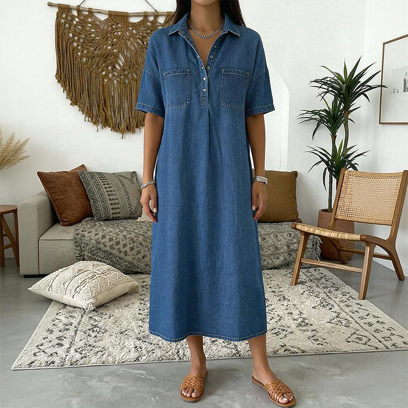 👗Casual Pocket Denim Midi Shirt Dress – Soft denim & relaxed fit – Functional pockets, perfect for everyday casual – comfortable and versatile ✨🌸