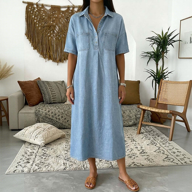 👗Casual Pocket Denim Midi Shirt Dress – Soft denim & relaxed fit – Functional pockets, perfect for everyday casual – comfortable and versatile ✨🌸