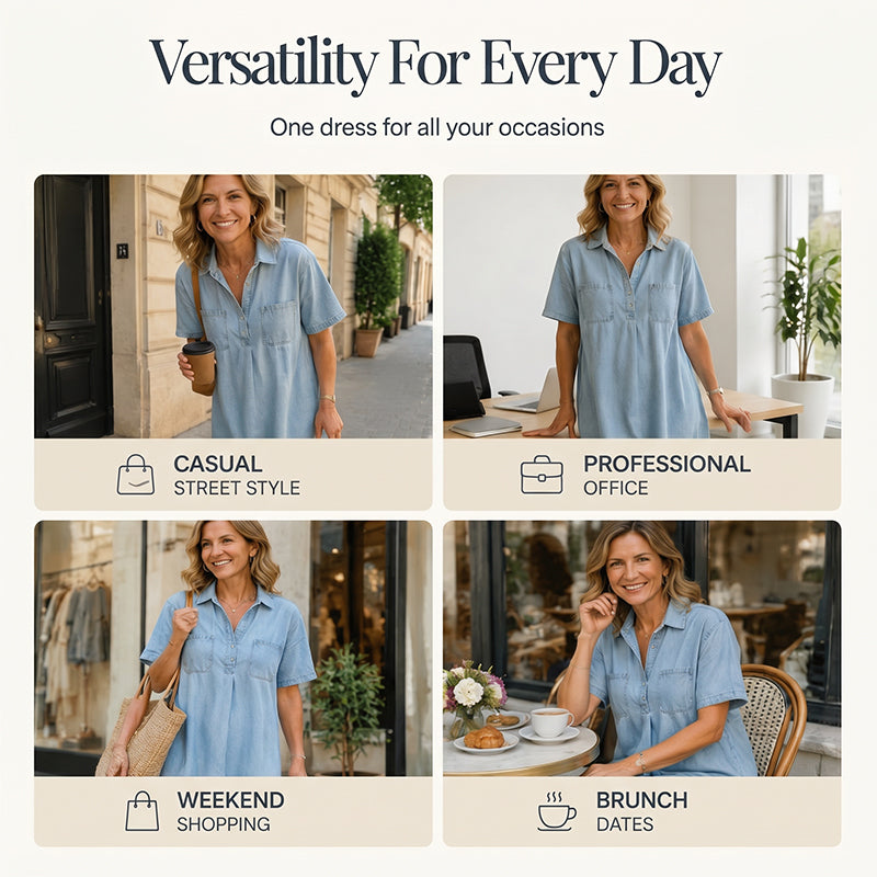 👗Casual Pocket Denim Midi Shirt Dress – Soft denim & relaxed fit – Functional pockets, perfect for everyday casual – comfortable and versatile ✨🌸