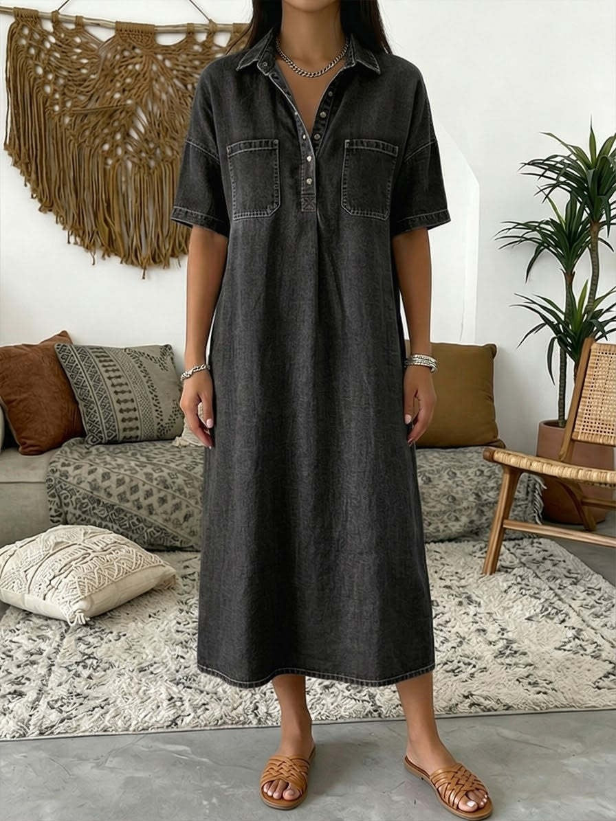 👗Casual Pocket Denim Midi Shirt Dress – Soft denim & relaxed fit – Functional pockets, perfect for everyday casual – comfortable and versatile ✨🌸