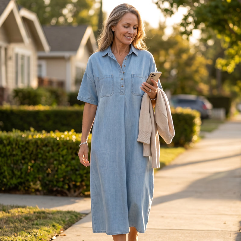 👗Casual Pocket Denim Midi Shirt Dress – Soft denim & relaxed fit – Functional pockets, perfect for everyday casual – comfortable and versatile ✨🌸