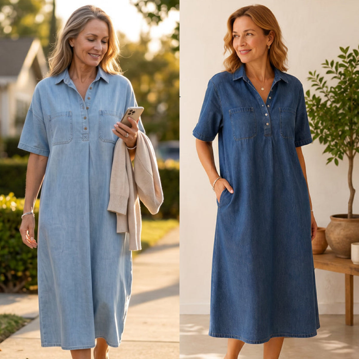 👗Casual Pocket Denim Midi Shirt Dress – Soft denim & relaxed fit – Functional pockets, perfect for everyday casual – comfortable and versatile ✨🌸