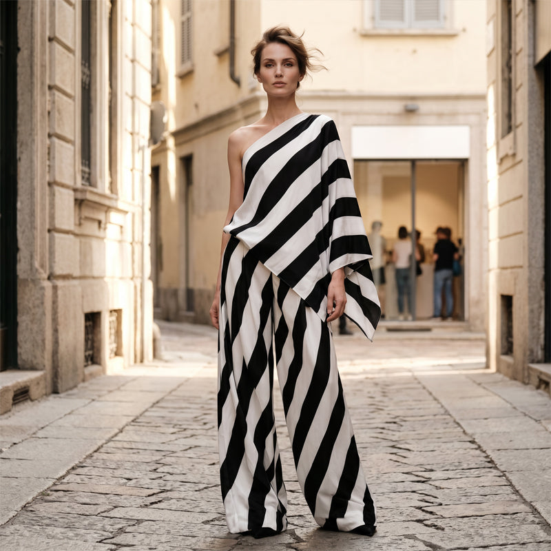 Women's Asymmetrical Stripe Top & Wide-Leg Pants Set