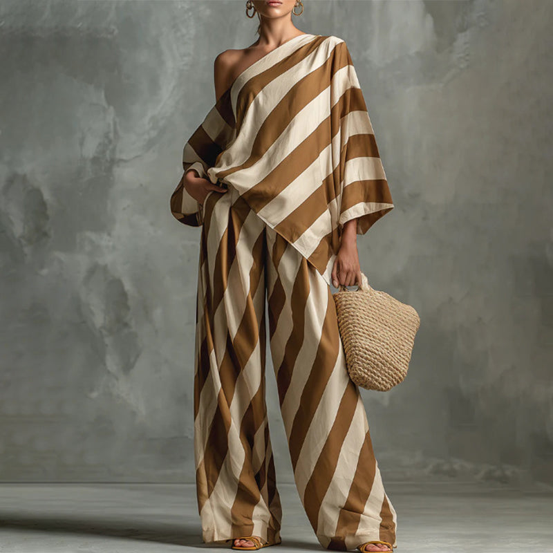 Women's Asymmetrical Stripe Top & Wide-Leg Pants Set