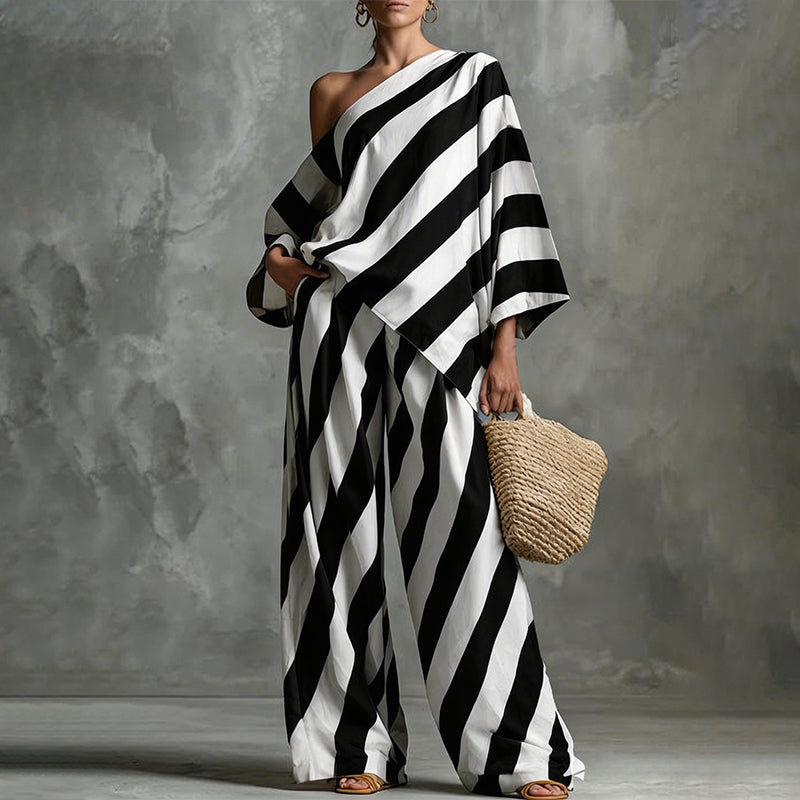 Women's Asymmetrical Stripe Top & Wide-Leg Pants Set