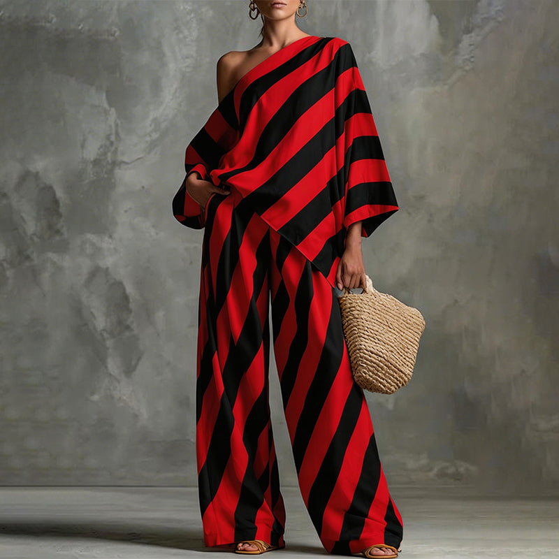 Women's Asymmetrical Stripe Top & Wide-Leg Pants Set